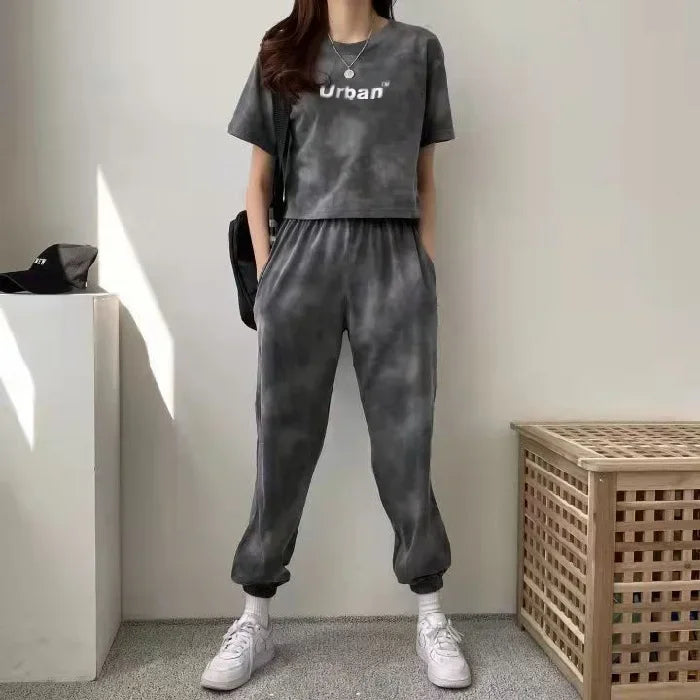 WW | Frauen Bekleidungsset Kurzarm T-Shirt und Hose 2 Stk Sommer Camouflage Batik Lockere T-Shirts Tops Sportlich Lässiges Set Neu