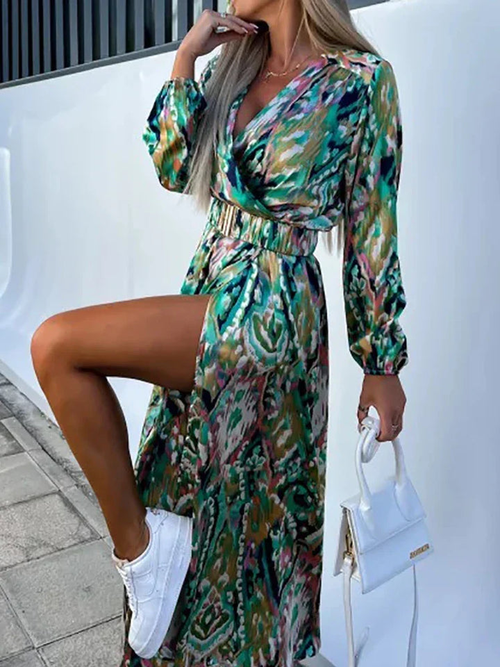 Damen langes Kleid mit Blumenmuster, tiefem V-Ausschnitt und hohem Schlitz