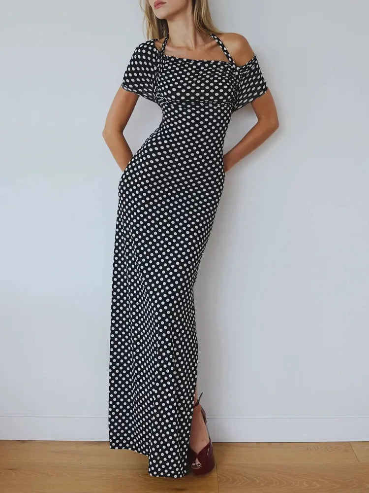 WW | Off Shoulder Polka Dot Maxi Kleid für Frauen Gown Fashion Halter Ärmellos Rückenfrei Bodycon Schlitz Lang Kleid Elegant