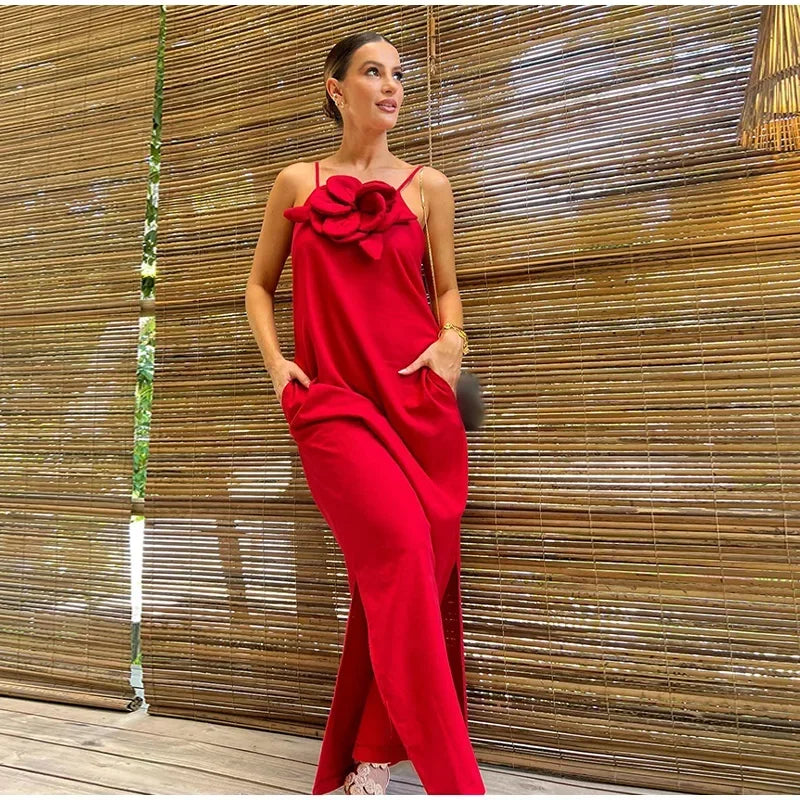 WW | Leinenmix Maxikleid mit Blumen Decoration, Schlitz und Taschen