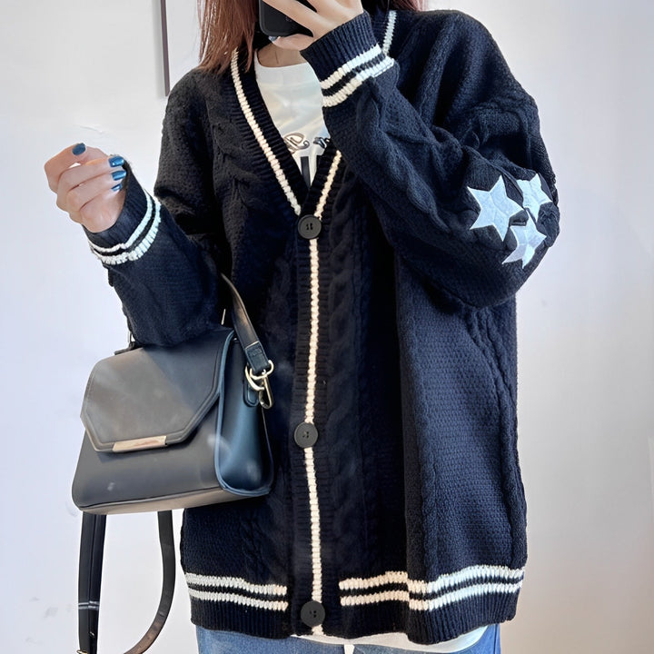 W&W Mode Kuschelige Karamell-Strickjacke | Damen Herbstmode mit Sternenstickerei
