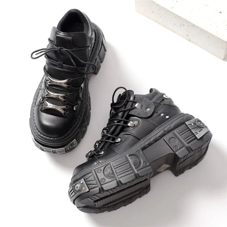 WW | Frauen Ankle Boots für Frauen Dicke Sohle Schnürsenkel Metall Dekoration Runde Zehen Plattform Schuhe Ladeis Punk Gothic Sneakers