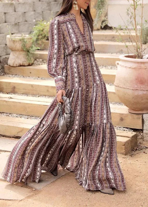 WW | Frauen Herbst Temperament Strickjacke Bohemian Mode Bedrucktes Langkleid