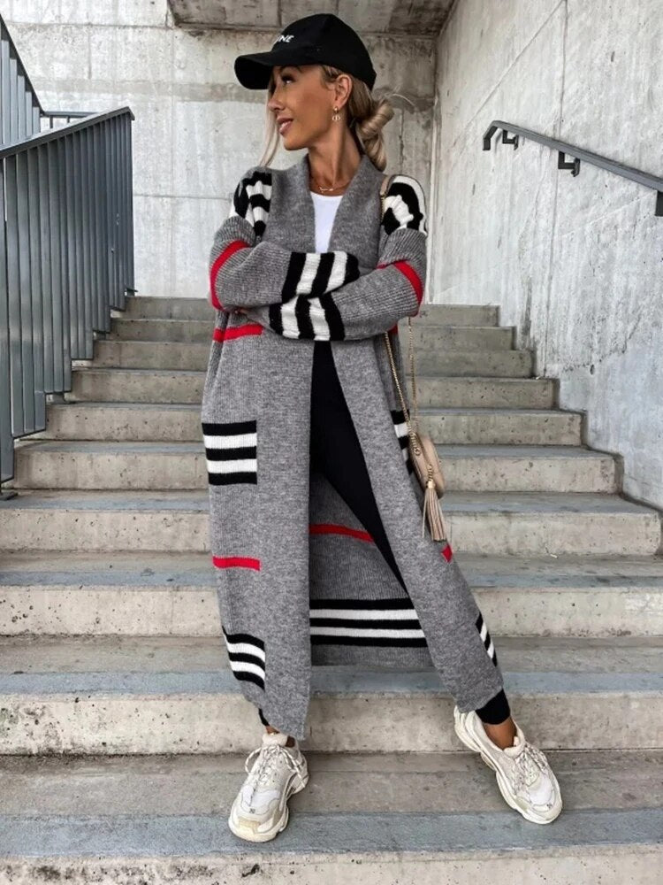 WW | Lange gestreifte Strickjacke für Damen