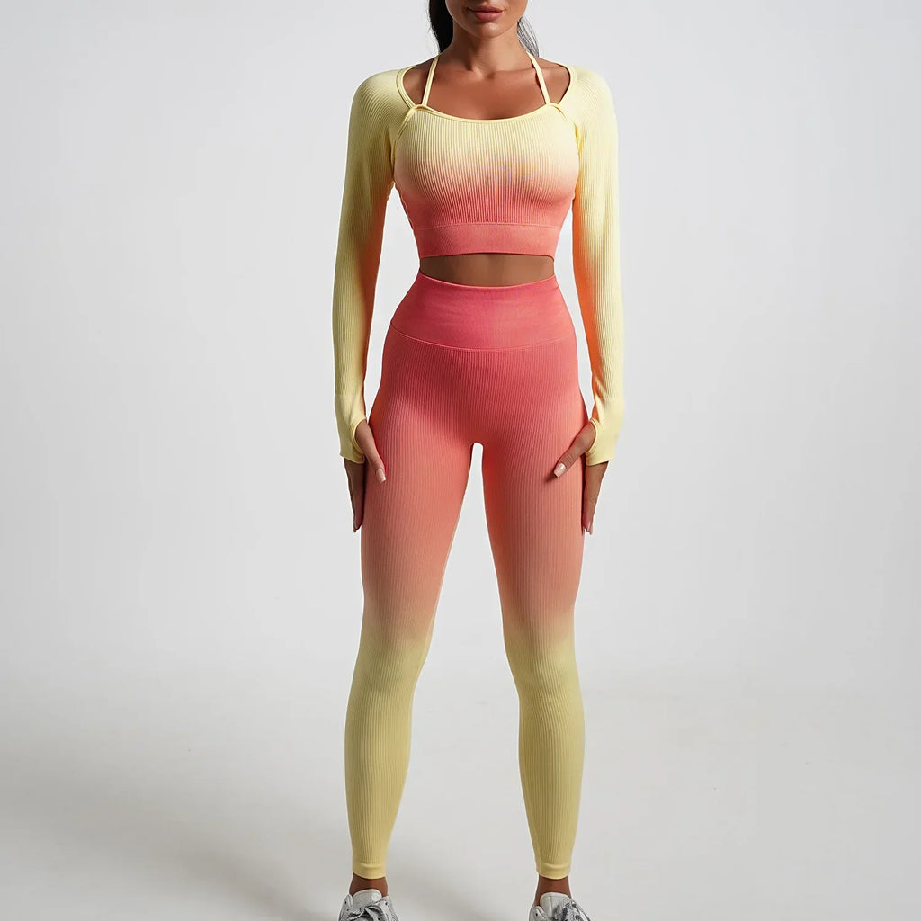WW | Nahtlose Gradient Yoga Set Sport Fitness Hohe Taille Hip Lifting Hosen Langarm Anzüge Training Fitness Leggings Set für Frauen