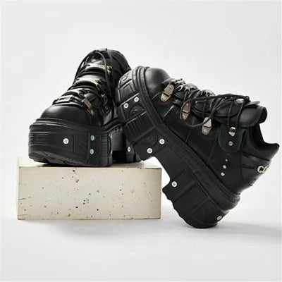 WW | Fashion Frauen Ankle Boots Damen Dünne Absätze Runde Spitze Schnürsenkel Metall Dekoration Sneakers Fräulein Nieten Punk Gothic Rock Schuhe