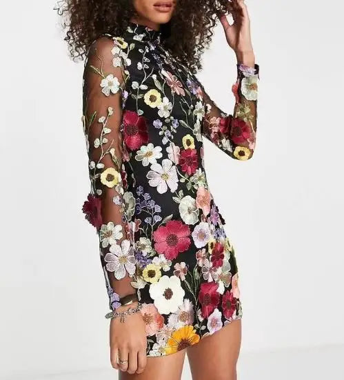WW | 3d Besticktes Mesh Kleid Mit Blumen Für Damen