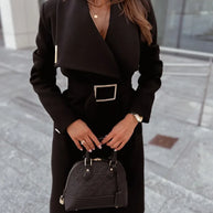 WW | Damen Lang Und Tailliert Breiter Kragen Stoffgürtel Mit Schnalle