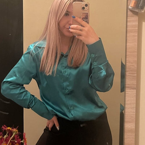 WW | Satinierte Bluse Mit Polo Kragen Seidenbluse Fürs Büro Weinlese Design Mit Lockerer Knopf Elegante Mode