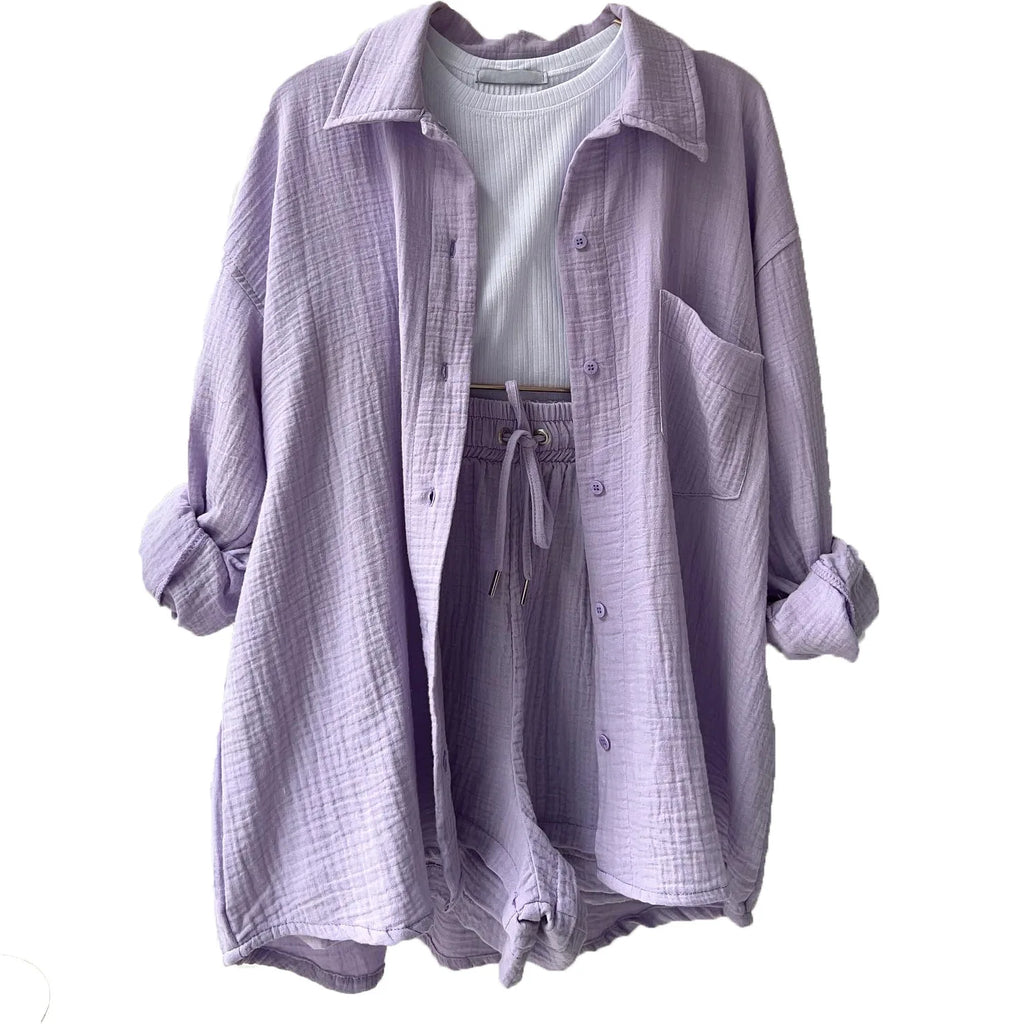 WW | 2 Teiliges Lässiges Nachtwäsche Baumwolle Pyjama für Frauen Umgeschlagenen Kragen Schlaf T-Shirts Set mit Shorts Gas Strickjacke Zuhausekleidung Sommer