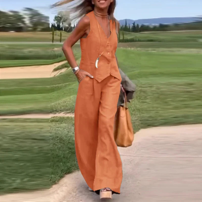 W&W Mode Modern Set | Eleganter ärmelloser V-Ausschnitt-Top und weit geschnittene Hosen Damenanzug