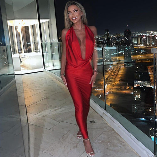 WW - Sexy langes Kleid mit V-Ausschnitt und Halterneck für Frauen