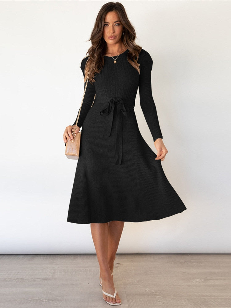 WW | Elegantes Gestricktes Midi Kleid Mit Gürtel Für Damen