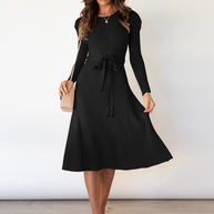 WW | Elegantes Gestricktes Midi Kleid Mit Gürtel Für Damen