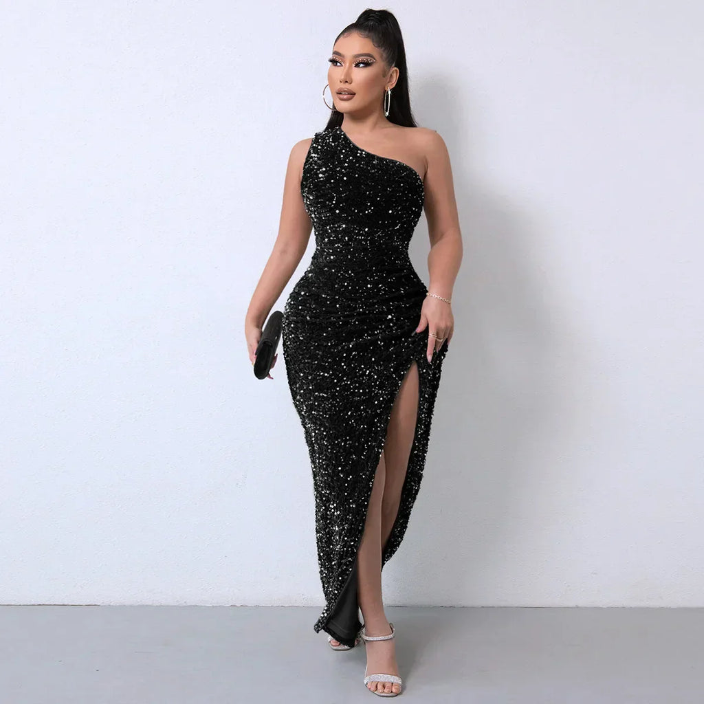 WW | Festkleider für Frauen Sexy Pailletten Nacht Kleid Ein Schulter Ärmellos Bodycon Abend Maxi Kleid Kleidung