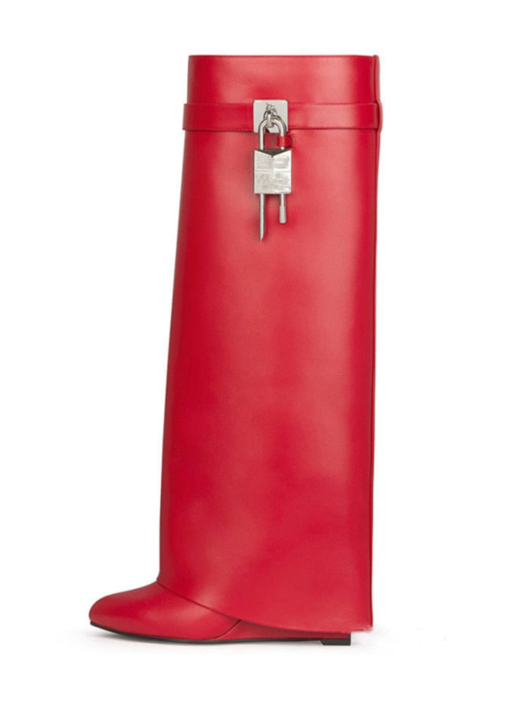 W&W Mode | Damen Kniehoge Stiefel Shark Lock Lange Dicke Sohlen High Heels Stiefel Designer Luxusmarke Damen Lederstiefel