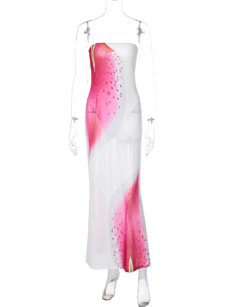 WW | Mesh Floral Print Sexy Maxi Kleid für Frauen Gown Off Shoulder Strapless Ärmless Rückenfrei Bodycon Club Lang Kleid
