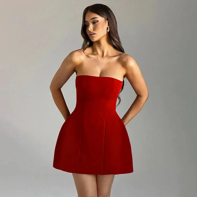 WW | Ärmellose Sexy Strapless Mini Kleid Solid Patchwork Hohe Taille Sommer Mode Weiblich Bodycon Plunge Urlaub Kleid Neu