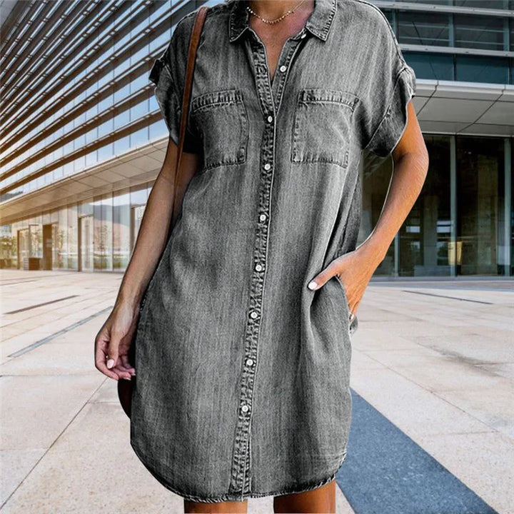 W&W Mode | Lässiges Kurzärmeliges Mini Sommerkleid Aus Denim Für Damen Mit Knöpfen