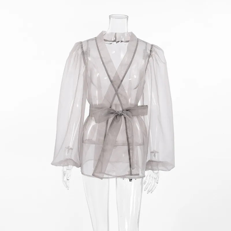 Damen Organza-Bluse mit Bindegürtel und transparentem Stoff