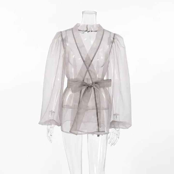 Damen Organza-Bluse mit Bindegürtel und transparentem Stoff