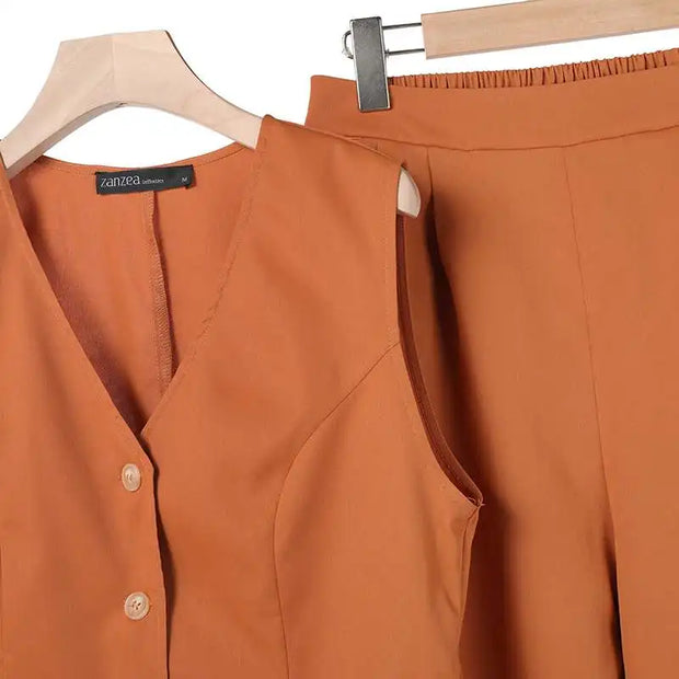 WW Modern Set | Eleganter ärmelloser V-Ausschnitt-Top und weit geschnittene Hosen Damenanzug