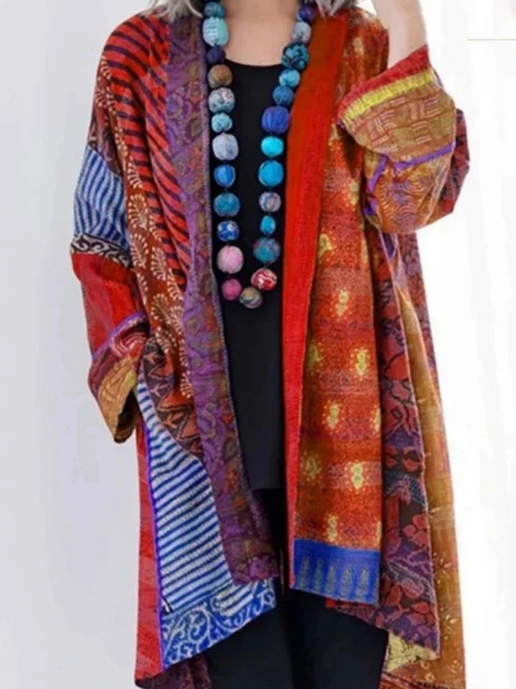 WW | Damen Strickjacke Aus Baumwoll Leinen Mit Ethno Print