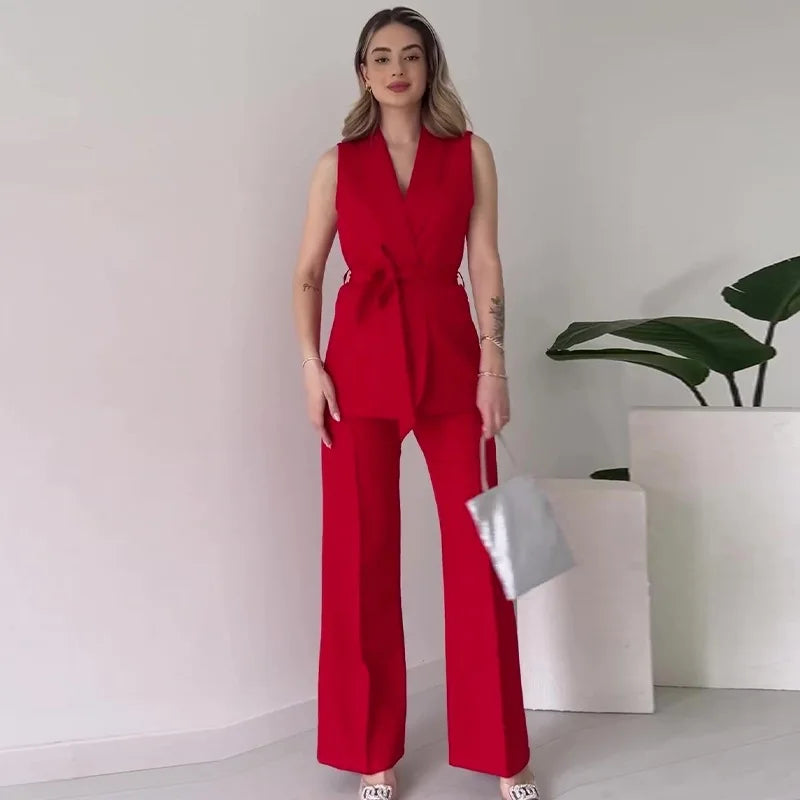 WW | Elegantes 2-teiliges ärmelloses Oberteil und lange Hosen Set einfarbig schlankes Set Damen Party Outfit