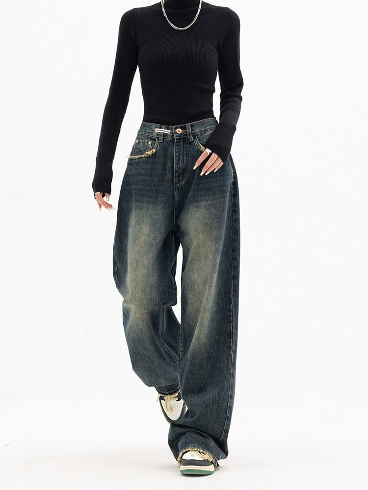 WW - Trendy Baggy Wide Leg Jeans Damen | Jeans mit hoher Taille Lässige Streetwear