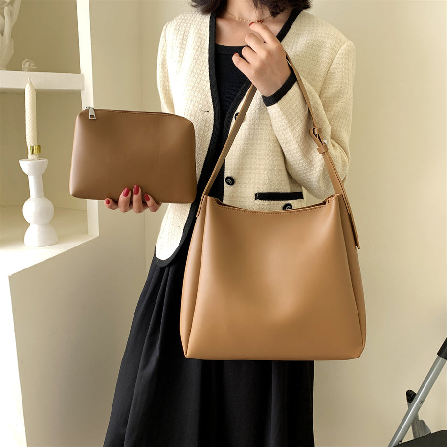 WW Hochwertige Damen Shopper Große Kapazität Schultertasche Reine Farbe Breiter Riemen Weiches PU-Leder