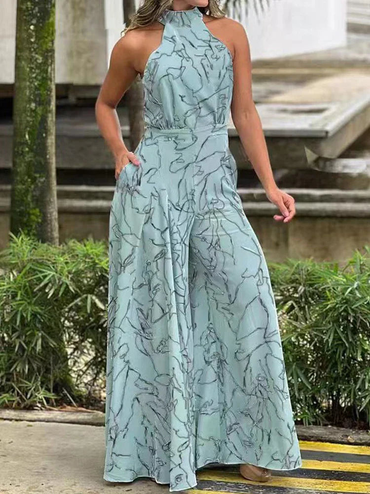 WW | Damen Elegante Taille Halterneck Jumpsuit Lässiger Druck Bindung Ohne Ärmel Breite Beine Lange Hosen Sommer Kleidung