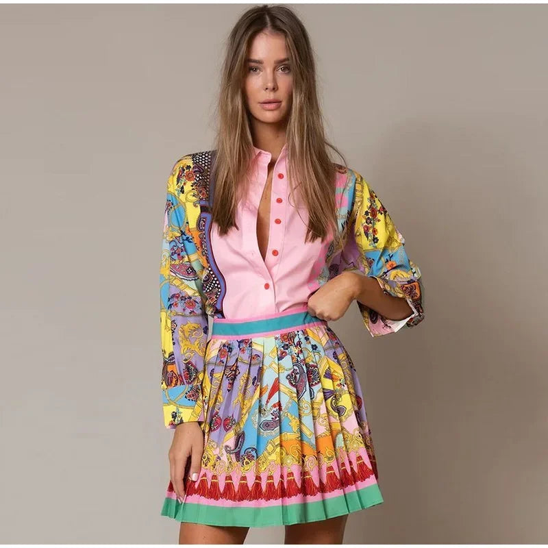 WW | Elegantes Druck Kurz Hemd Rock Set Frauen Pink Laterne Lange Ärmel Hemden Mini Plissiert Frauen Sommer Schlank Damen Anzug