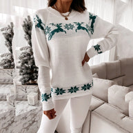 WW - Hässlicher Weihnachtspulli - Bequemer Strickpulli mit O-Ausschnitt, Rentier- und Schneeflockenmuster
