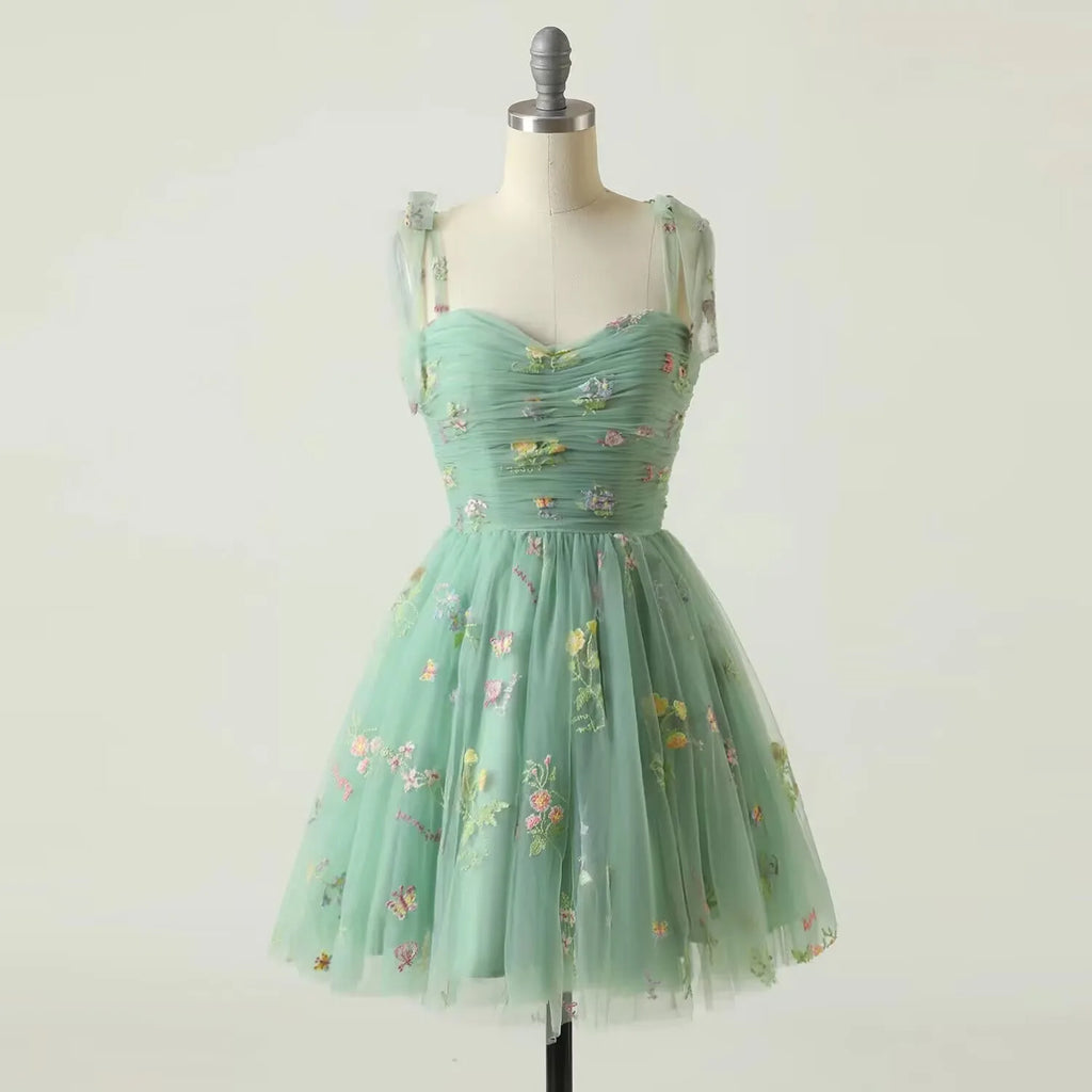 WW | Fairy Forest Green Kurze Prom Kleider Spaghetti-Träger Bunte Blumen Spitze Abend Feier