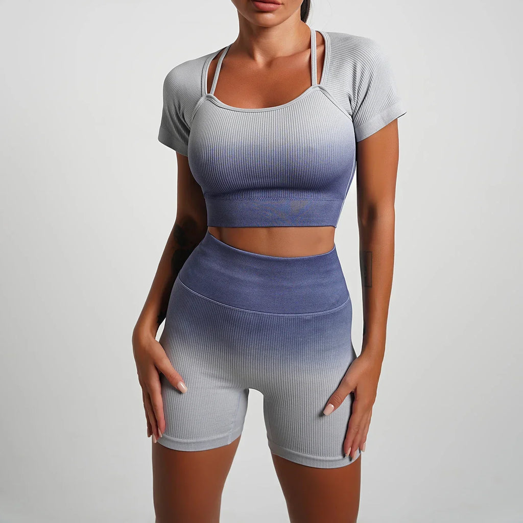 WW | Nahtlose Gradient Yoga Set Sport Fitness Hohe Taille Hip Lifting Hosen Langarm Anzüge Training Fitness Leggings Set für Frauen