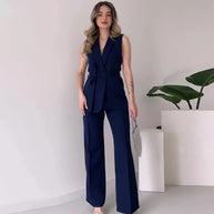 WW | Ärmelloser Blazer-Anzug Taillierte Passform Wickel-V-Ausschnitt Weite Hose