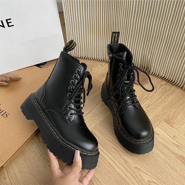 WW | Chunky Leder Damen Stiefel Mit Hohem Absatz