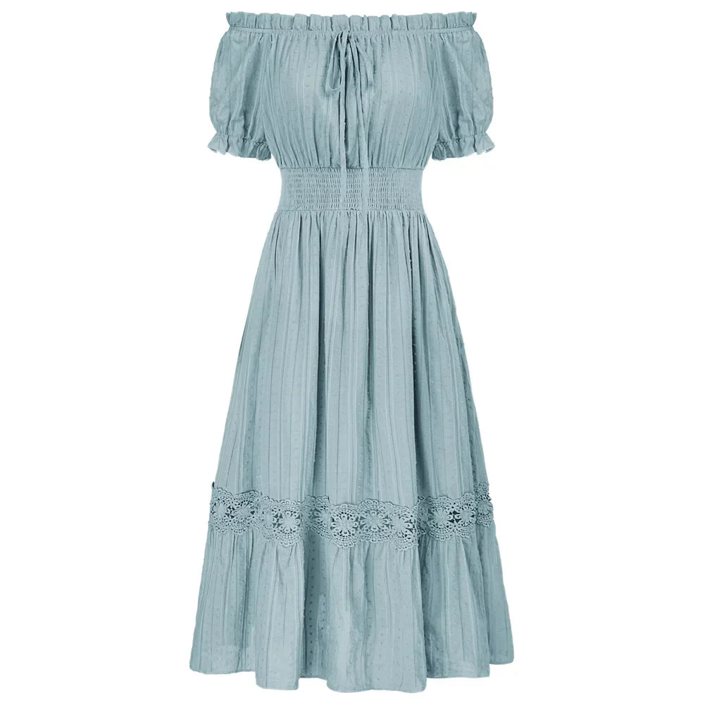 WW | Sd Frauen Renaissance Baumwolle Kleid Sommer Kurzarm Rüsche Off Shoulder Ausgestellt A-Linie Kleid Rüsche Slim Fit Mode Kleider
