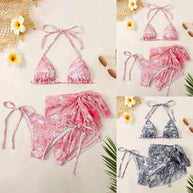 WW | Damen Dreiteilig Badekleidung Sommer Push-Up Hohe Taille Bikini Set mit Bedeckung Rock Tie Dyed Schwimmen Badeanzug Strandbekleidung
