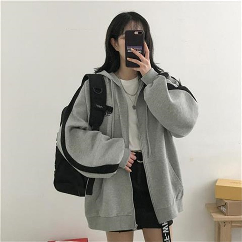 W&W Mode Zip-up Oversized Solid Pocket Hooded Langarm Lose Baseball Jacke