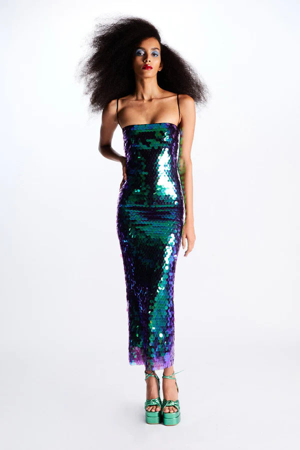 WW | Midi Partykleid Mit Spaghettiträgern, Pailletten Und Rückenschlitz