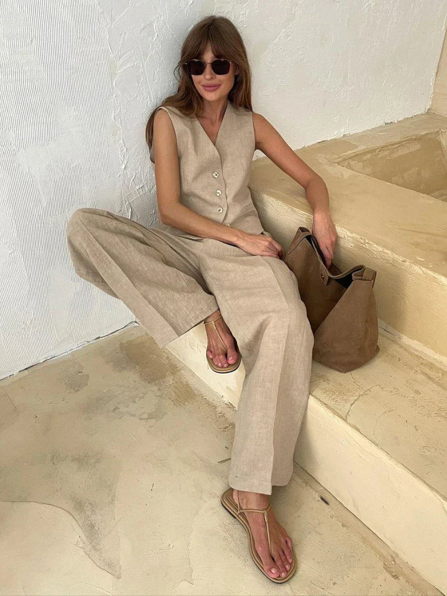 WW | Wollgefühl Frauen Leinen Baumwolle Schick Weste ＆ Hosen Set Zweiteiliges Set Büro Damen Sommer Schick 2 Teiliges Set Damen Outfits