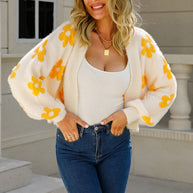 WW Damen Blumen-Cardigan | Laterneärmel, Sexy & Süß, Gestrickter Crop-Pullover