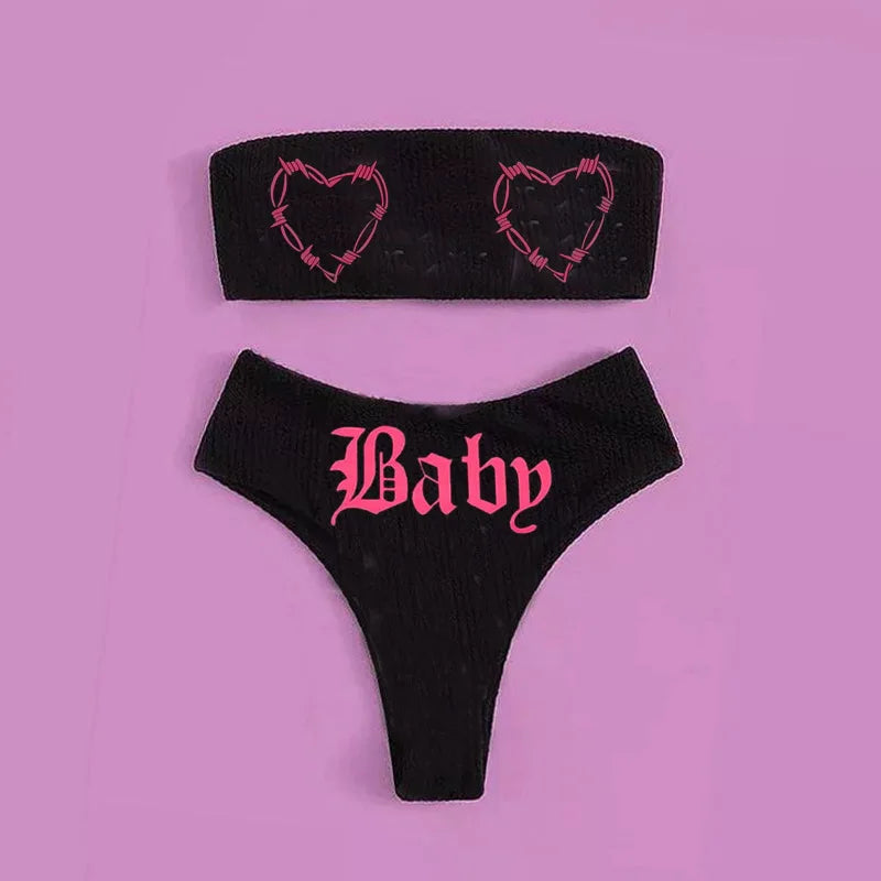 WW | Sexy Goth Bikini Frauen Buchstaben Totenkopf Druck Badeanzug Split Badeanzug Hohe Taille Gotische Bikini Set Strandoutfits