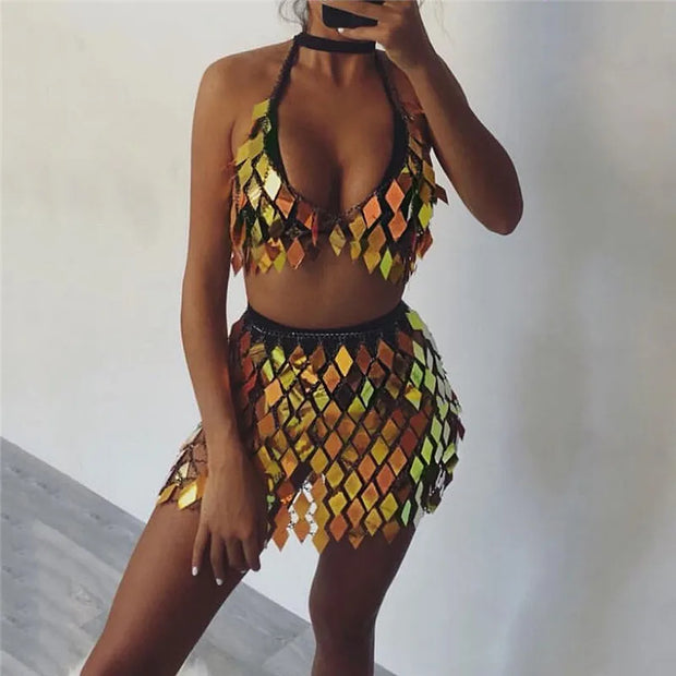 WW | Statement Pailletten Patchwork Crop Top 2 Teilig Rock Set