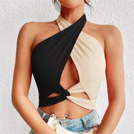 WW | Frauen Sommer Tank Tops Sexy Patchwork Cross Halterneck Träger Loch Crop Tops Hoch Street Wear Neue Mode