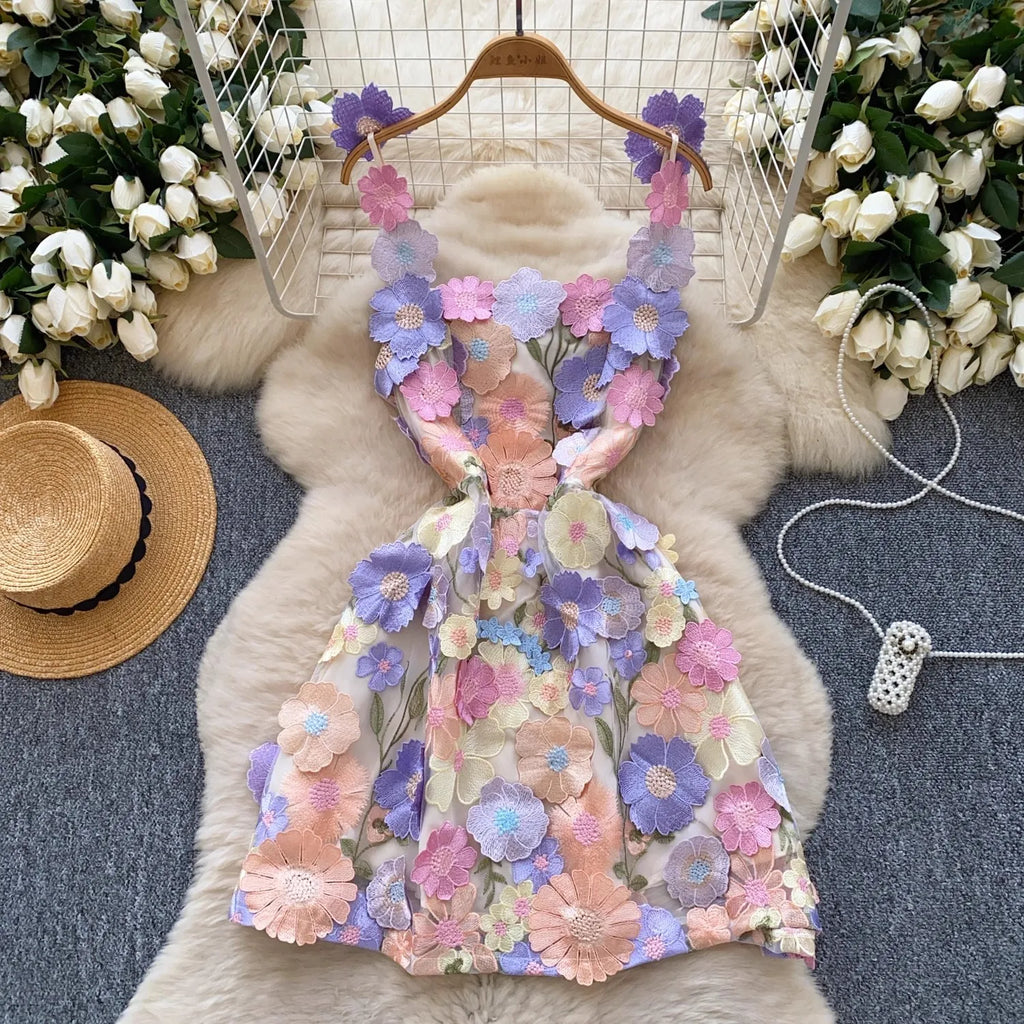 WW | Sommerferien Hult Ohne Blumenstickerei Kleid Frauen Quadratischer Kragen Ärmellos Mesh Blume Bohemisch Mini Robe Vestidos