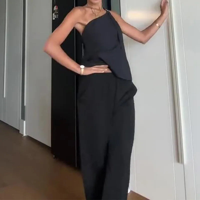 WW | Damen 2-Teiliges Set Mode Vielseitig Solid Schräger Kragen Ohne Ärmel Oberteil Loose Breite Hose Anzug für Frauen Streetwear