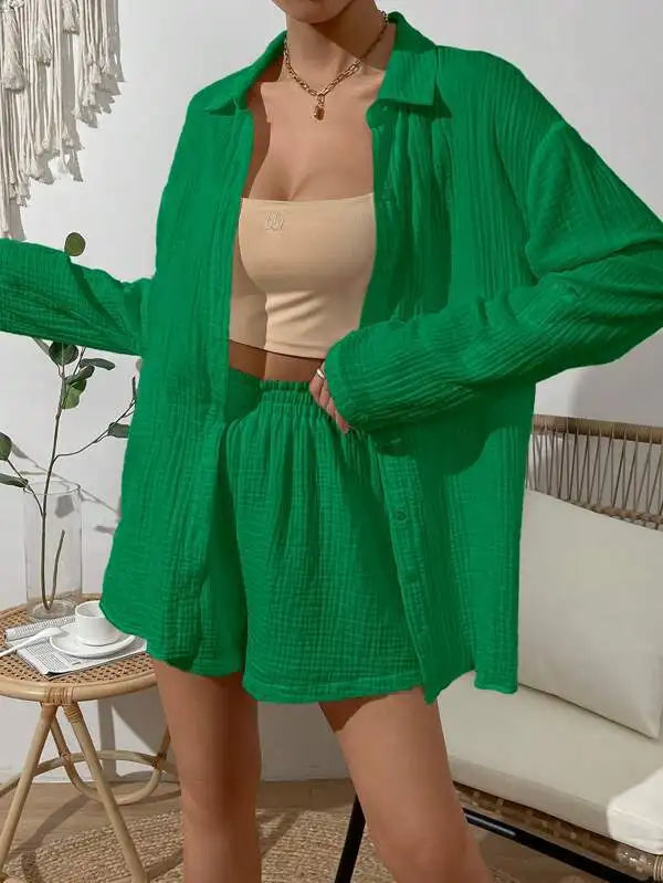 WW | 100% Baumwoll Gas Muslin Set für Frauen 2 Stück Langärmlige Hemden und Loose Hohe Taille Mini Shorts Set Ensemble Femme