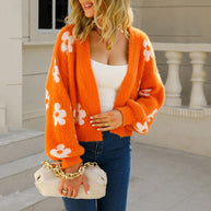 WW Damen Blumen-Cardigan | Laterneärmel, Sexy & Süß, Gestrickter Crop-Pullover